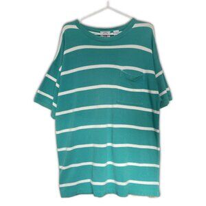 Vintage 90s 100% Cotton Bright Turquoise and White Stripes Knit Pocket Tee